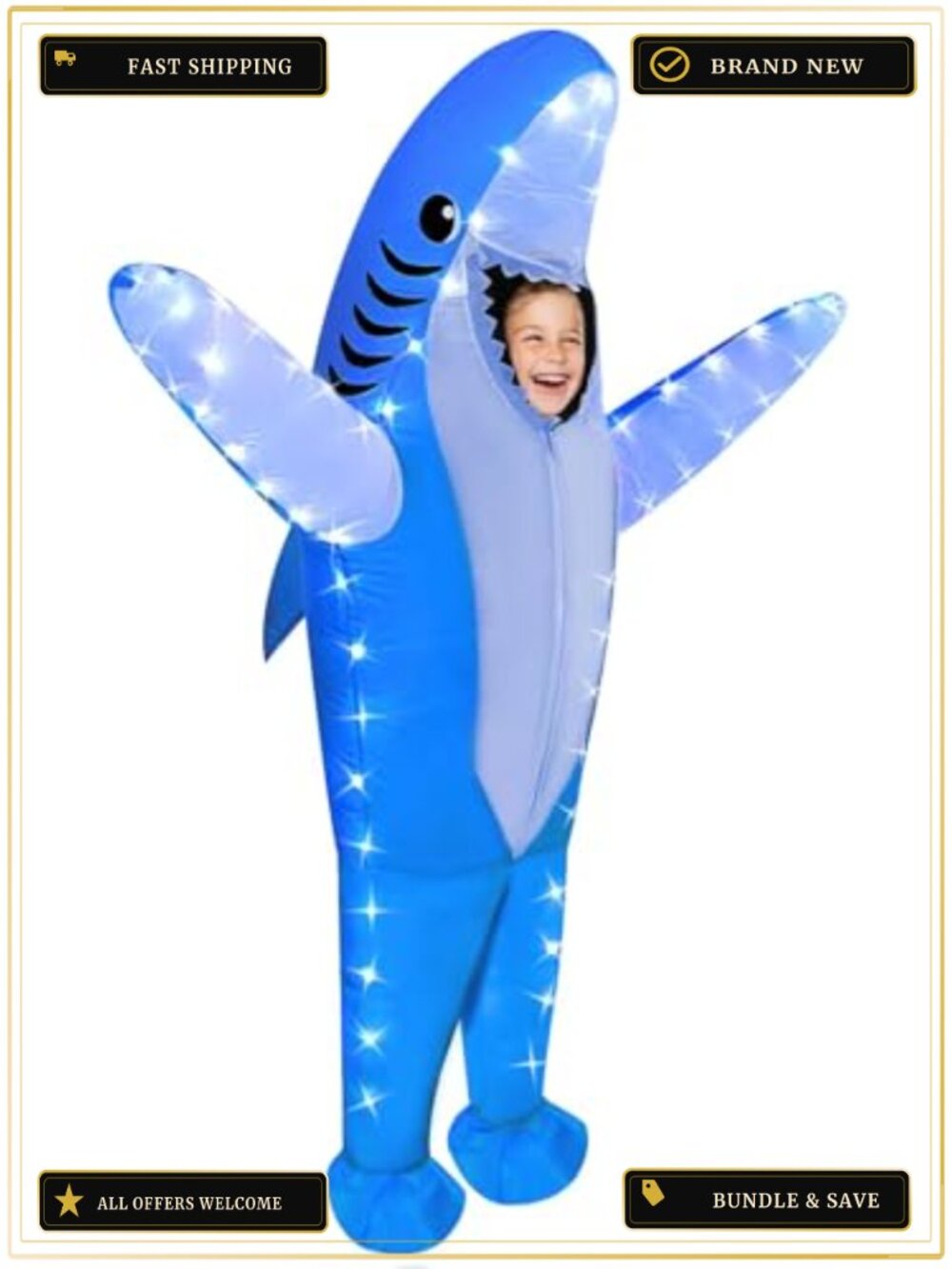 Kids Inflatable Shark Costume LED Lights Blow Up Halloween Cosplay